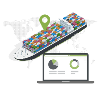 An isometric illustration of a container ship next to a laptop computer.