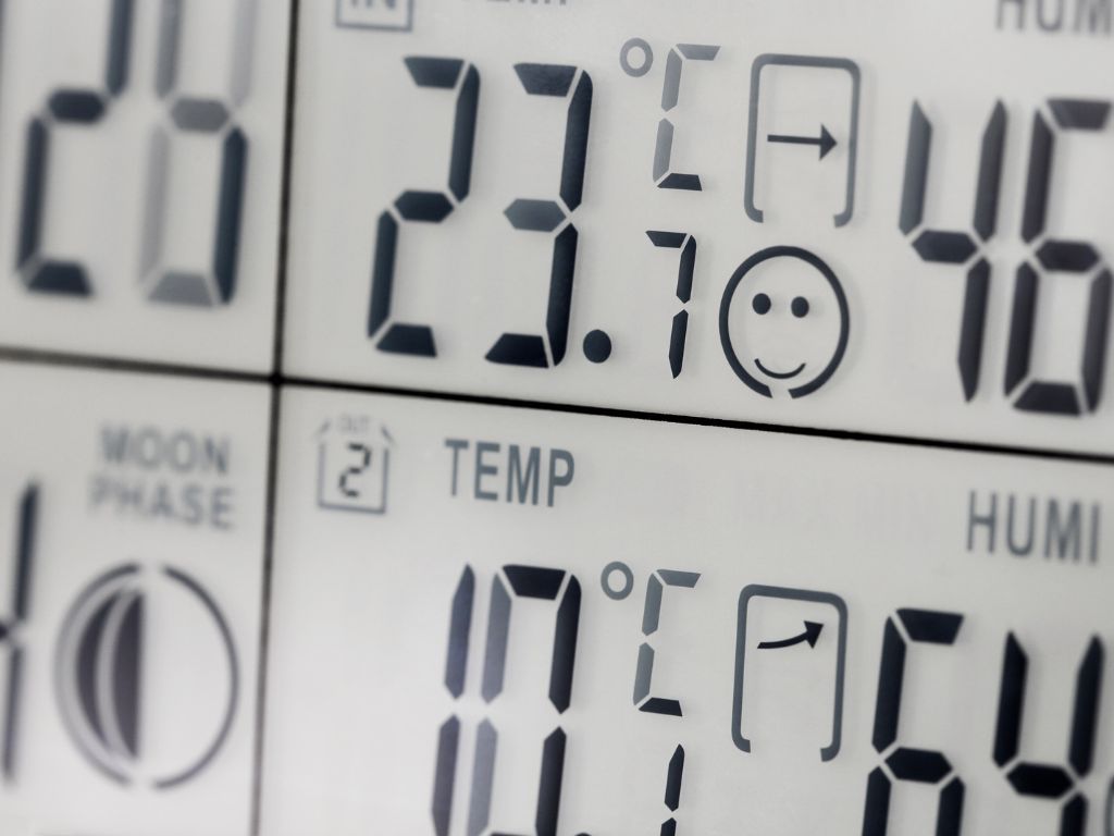 A digital clock displays the temperature and humidity
