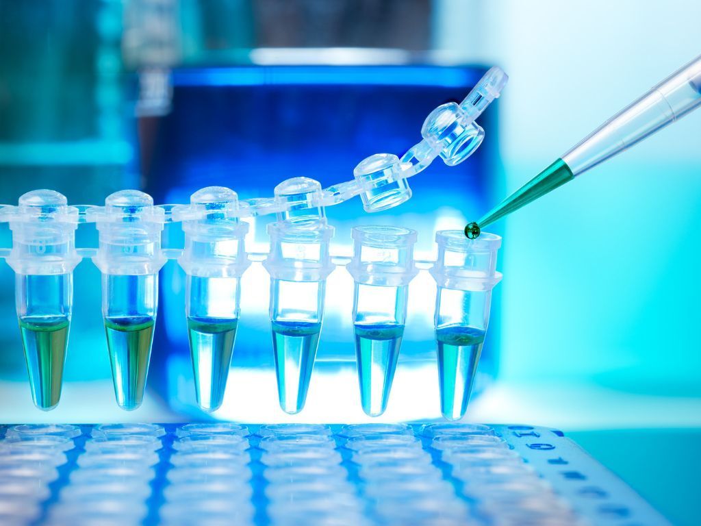 A pipette is pouring liquid into a test tube in a laboratory.