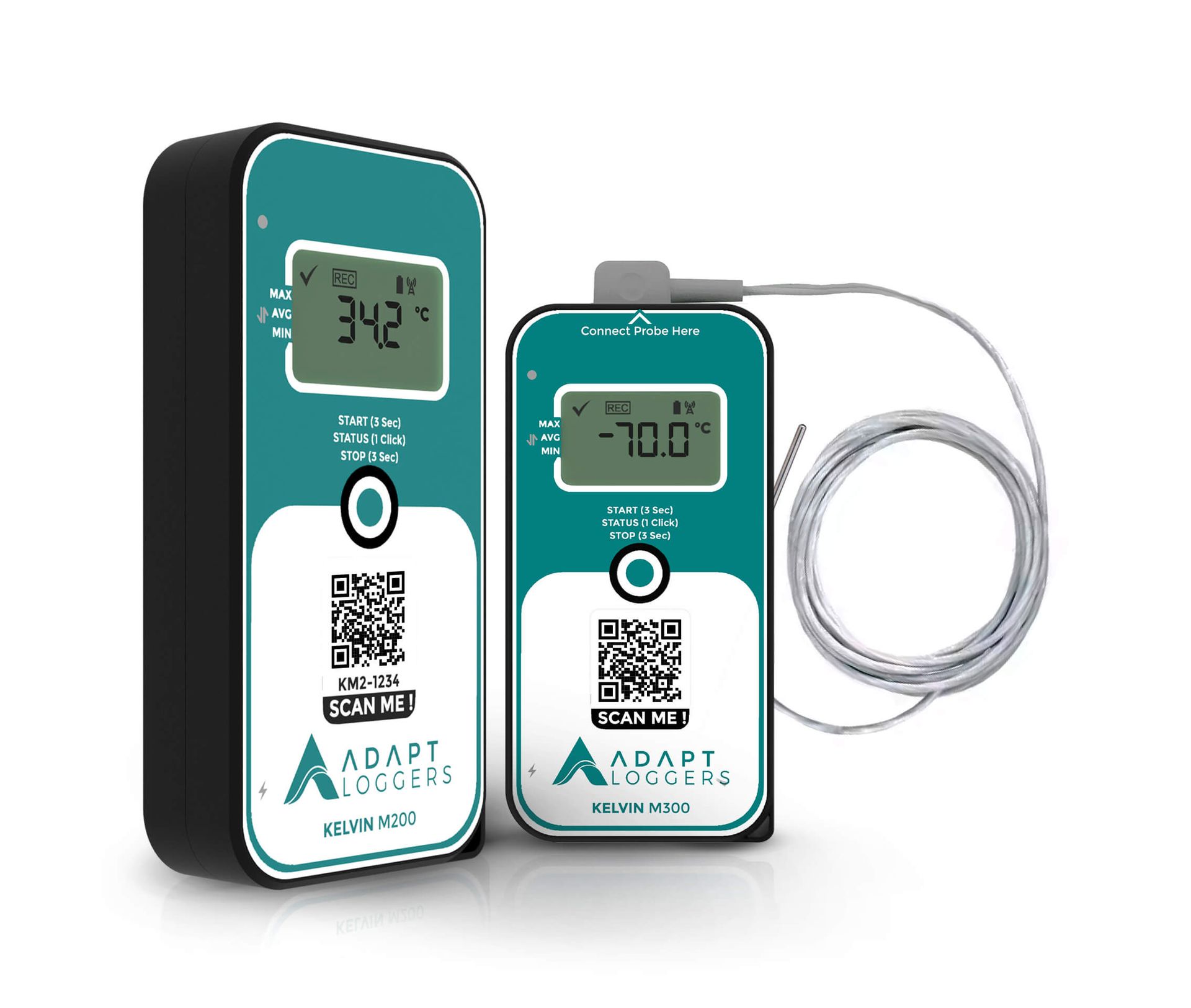Two thermometer units are sitting next to each other on a white background.