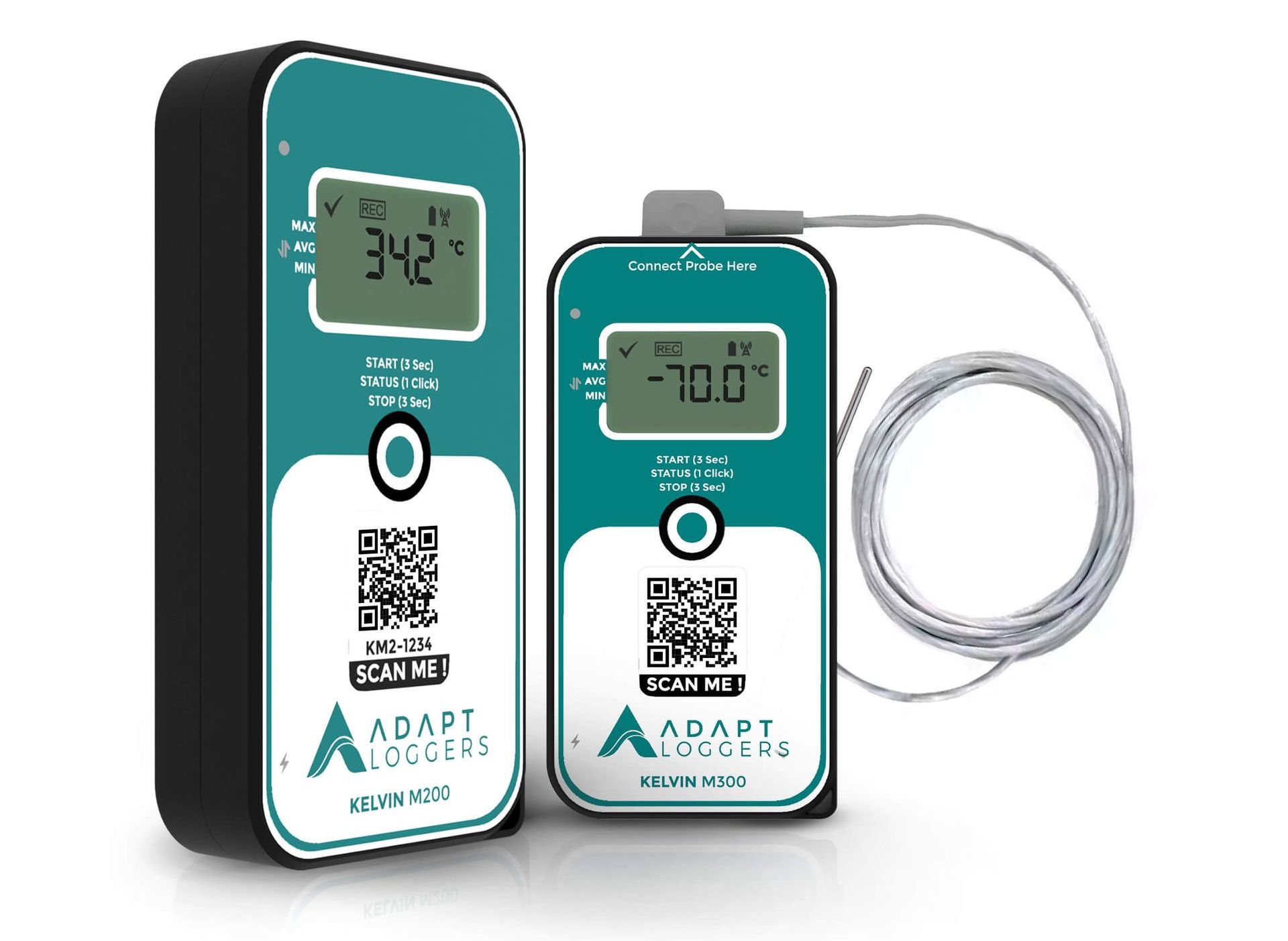 The KELVIN suite of devices is designed to monitor and track temperature-sensitive and high-value assets in real-time throughout the supply chain. Two thermometer units with a wire attached to them are sitting next to each other on a white surface.