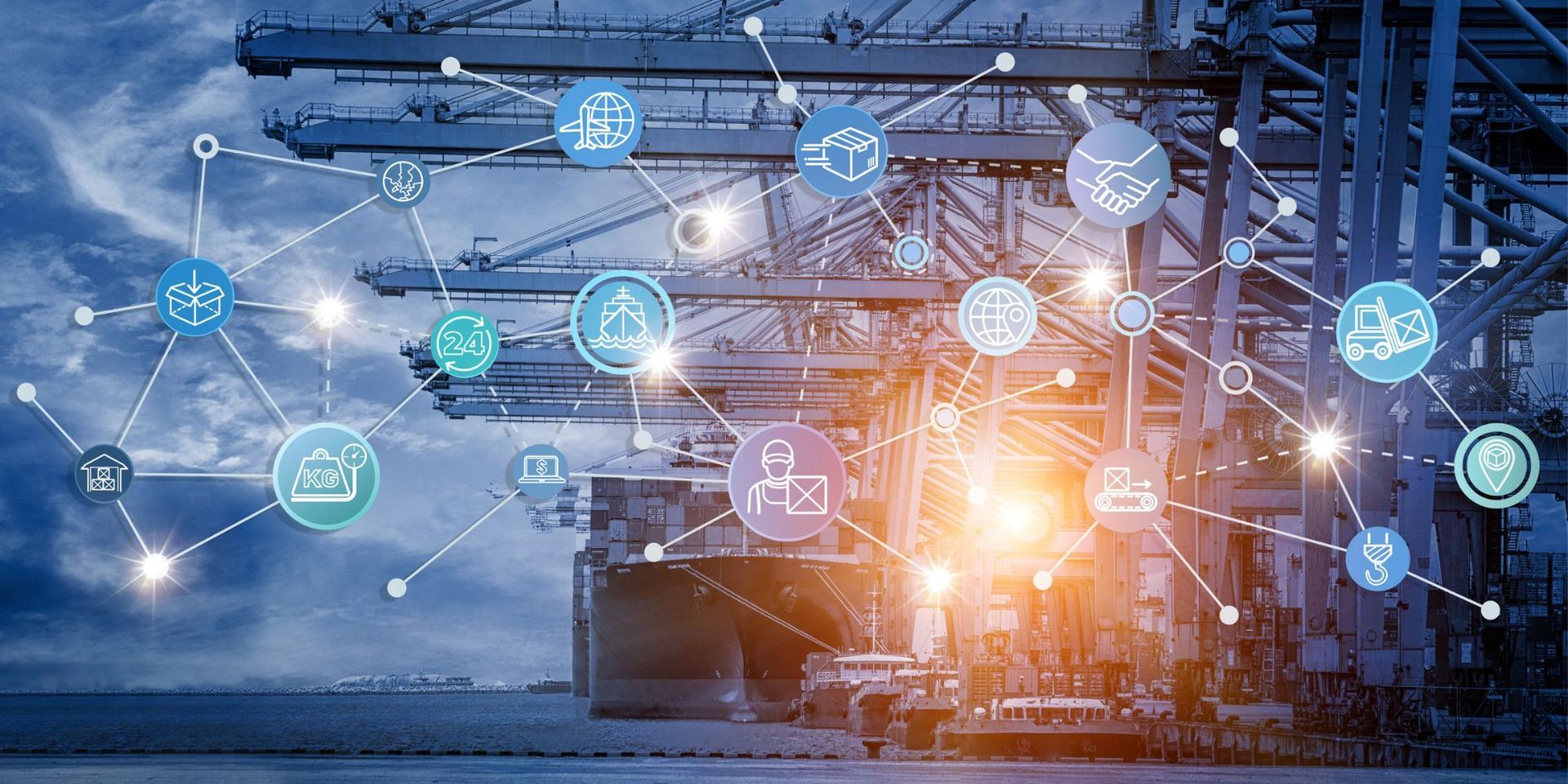 A container ship is being loaded at a port with a lot of icons coming out of it.