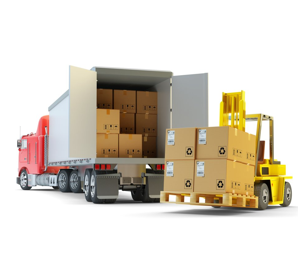 A forklift is loading boxes into a semi truck.