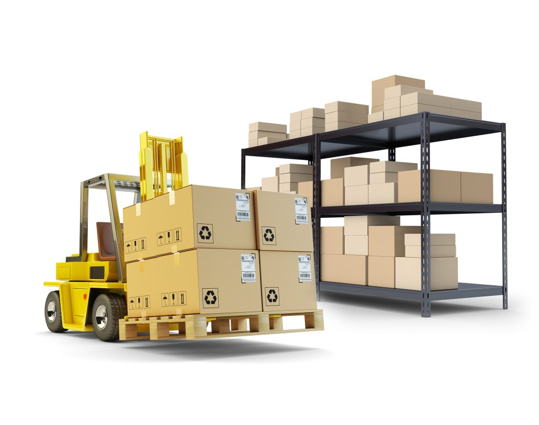 A forklift is carrying a pallet of boxes in a warehouse.