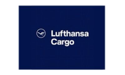 The lufthansa cargo logo is on a blue background
