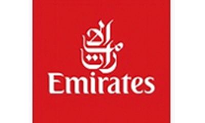 The emirates logo is on a red background