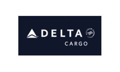 A delta cargo logo on a blue background