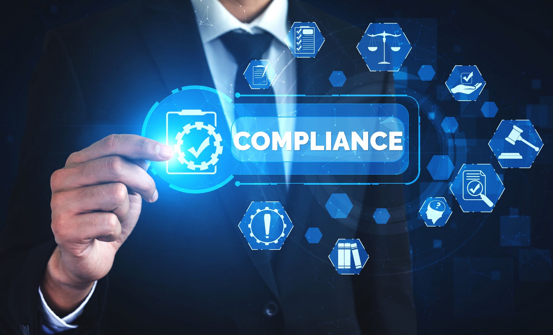 Understanding the intricacies of regulations in specific regions is essential for companies aiming to navigate the global pharmaceutical landscape successfully. A man is pressing a button on a screen that says compliance.