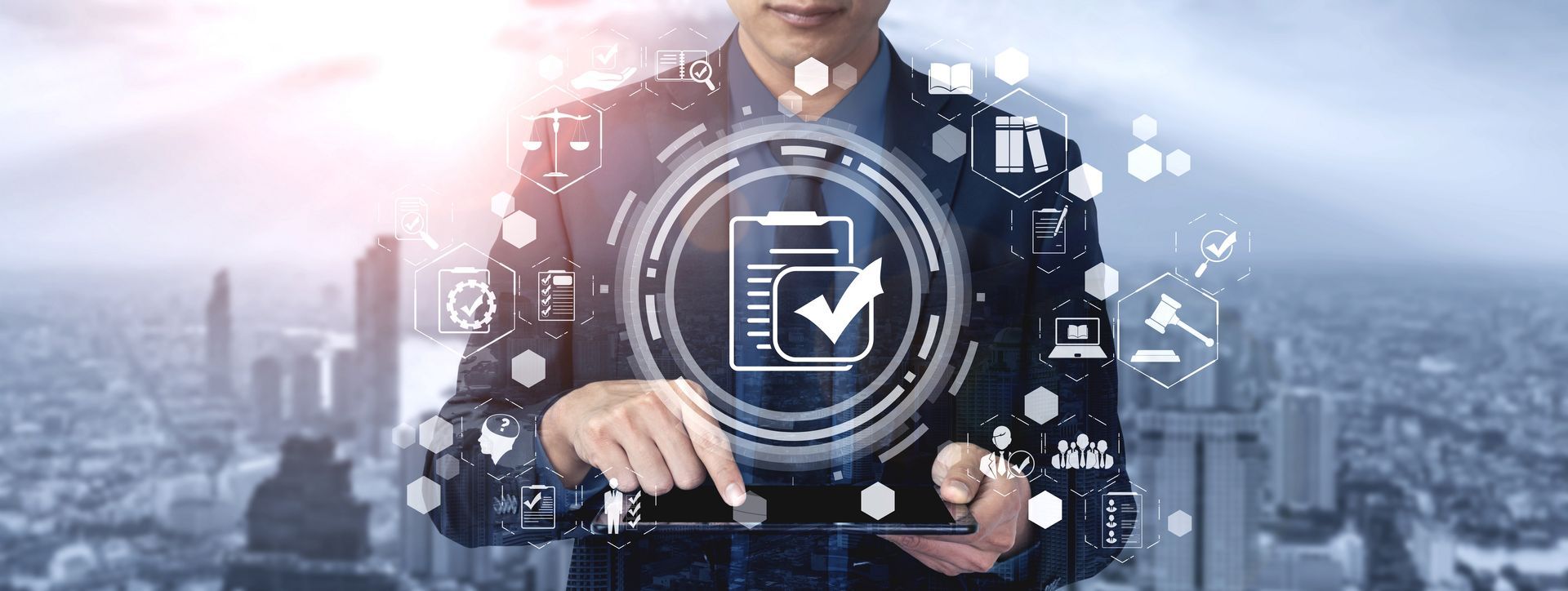 The path to success is paved with complexities, and one of the most intricate mazes to navigate is regulatory compliance. A man is holding a tablet with a check mark on it.