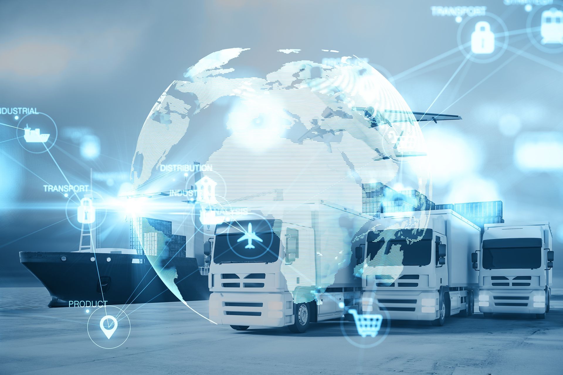 A row of trucks are parked in front of a globe.