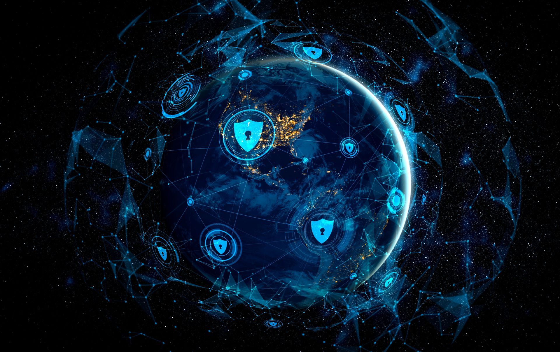 A computer generated image of a globe with shields around it.
