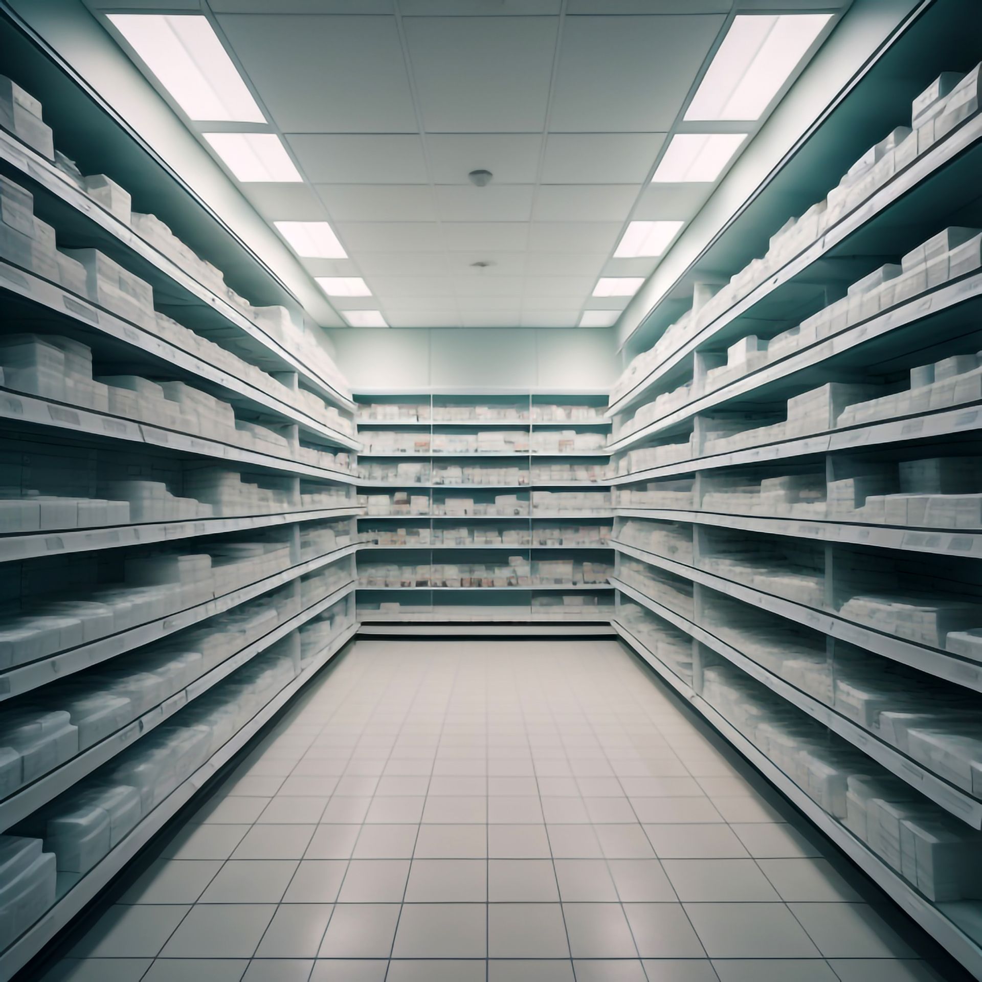 An empty aisle in a store with shelves full of boxes
