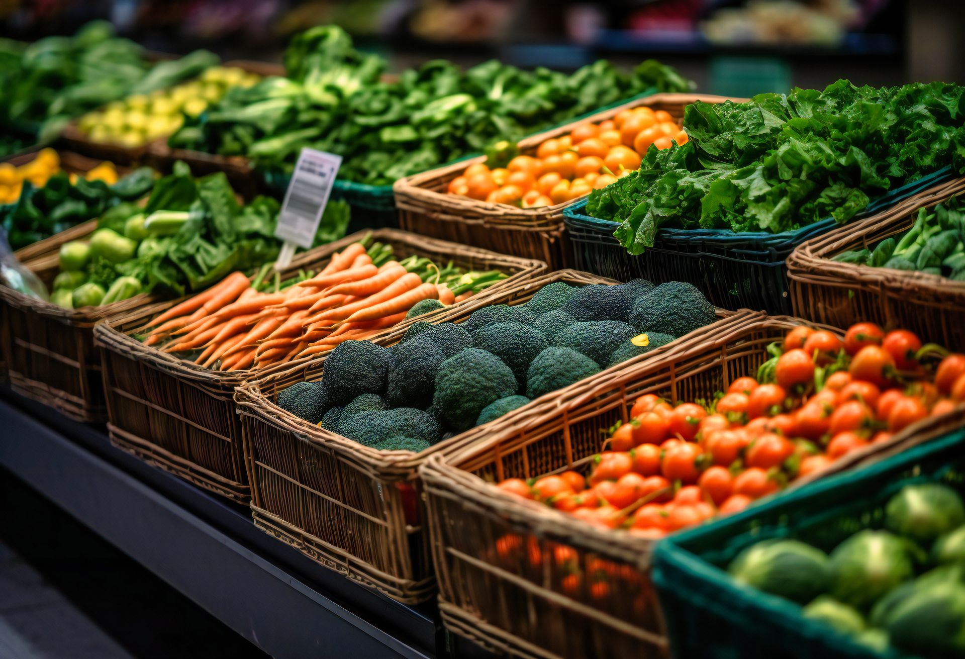 A grocery store aisle filled with baskets of vegetables.