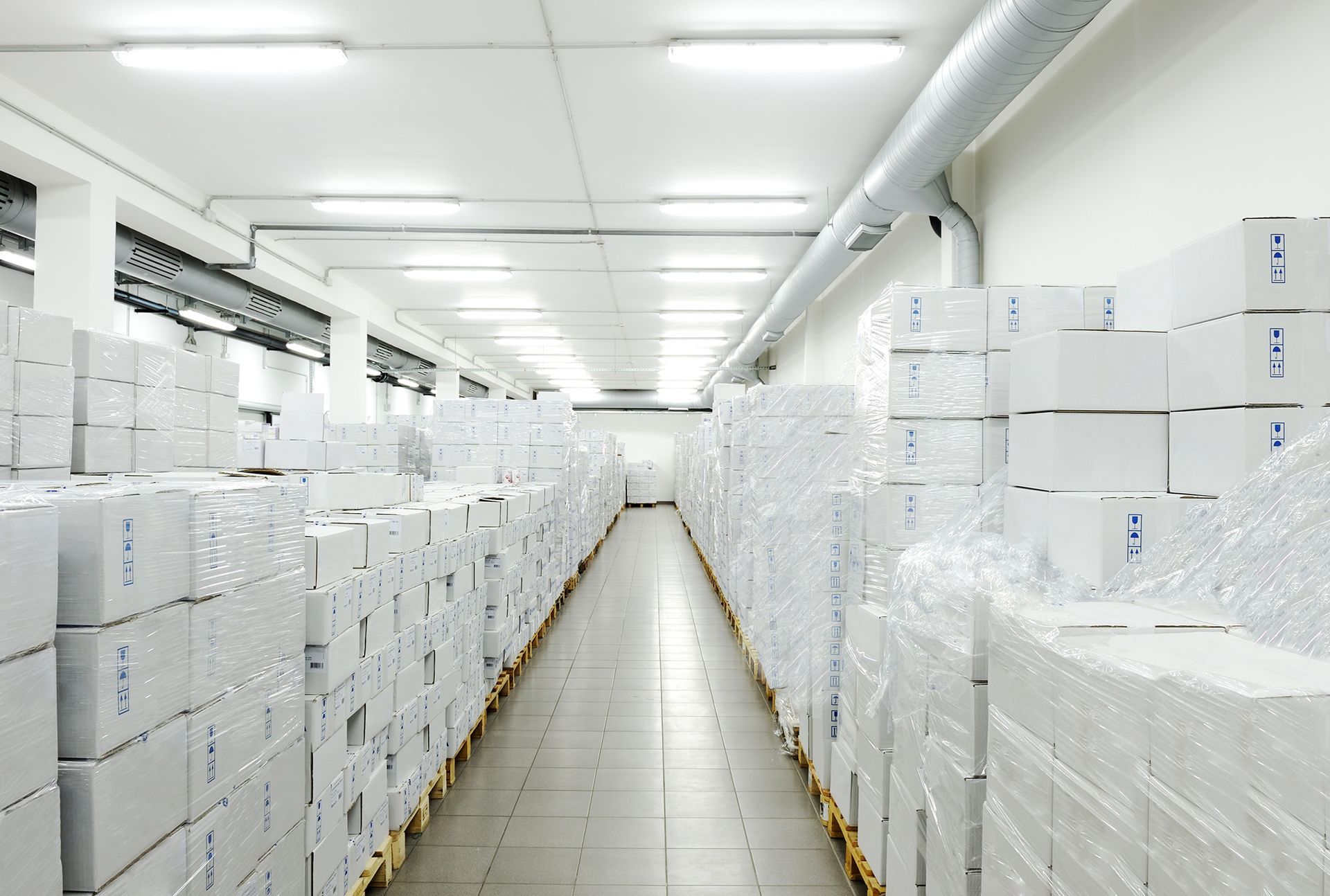 Cold Storage A warehouse filled with lots of white boxes and pallets.