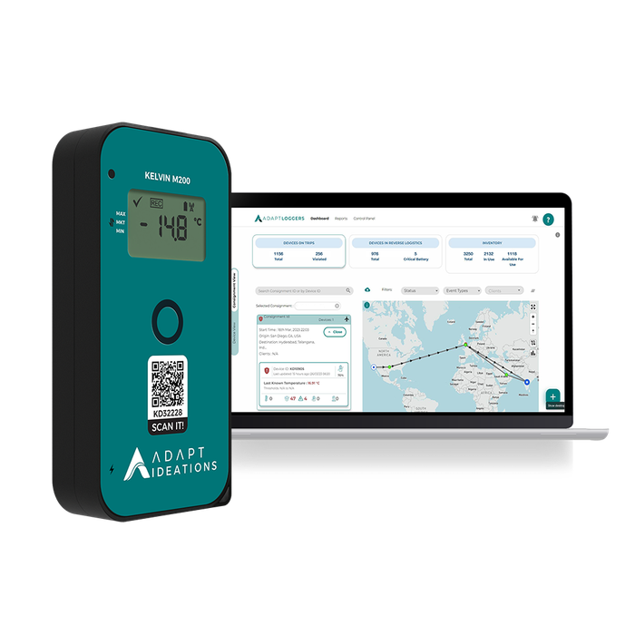 asset tracking device and portal - Kelvin A thermometer is sitting next to a laptop computer.