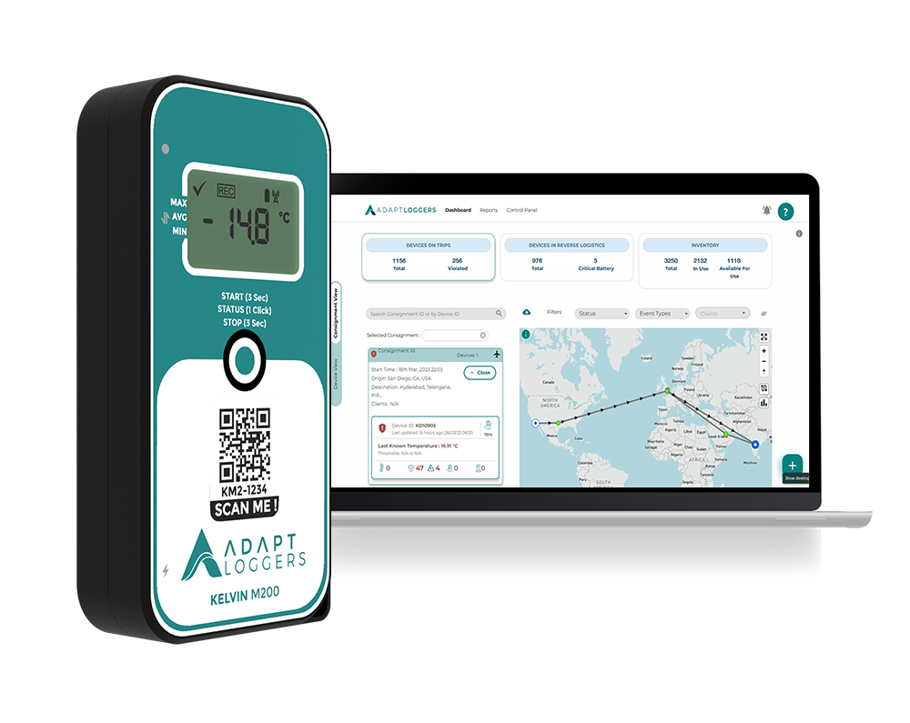 Track and trace solutions can provide the transparency and traceability needed to meet compliance requirements. A thermometer is sitting next to a laptop computer.