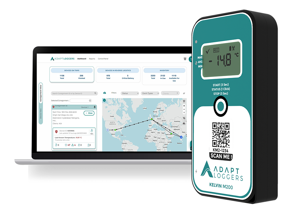 Real-time visibility is about the instant capture and analysis of supply chain data. It is a game-changing concept for the pharmaceutical industry. A data logger thermometer is sitting next to a laptop computer.