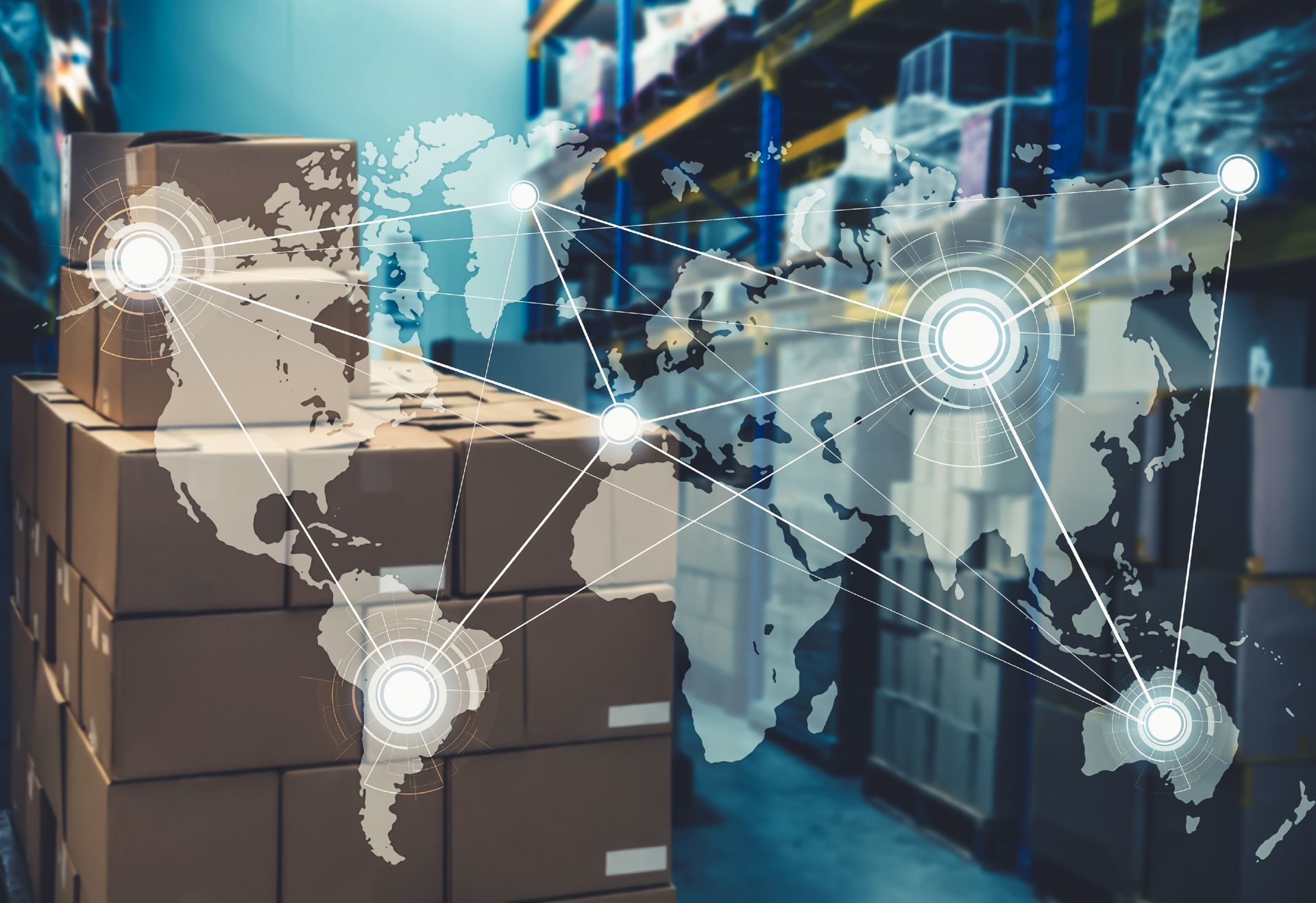 A warehouse filled with boxes and a map of the world.