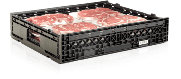data logging devices play a significant role in assisting the cold chain management process A plastic crate filled with meat on a white surface.