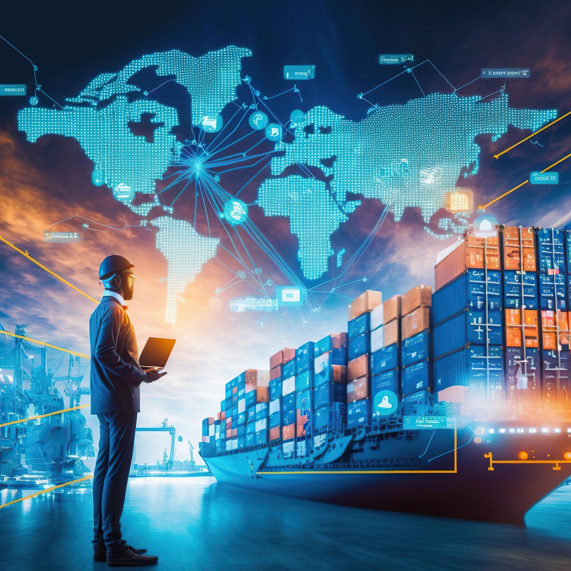 A man is holding a laptop in front of a large container ship.