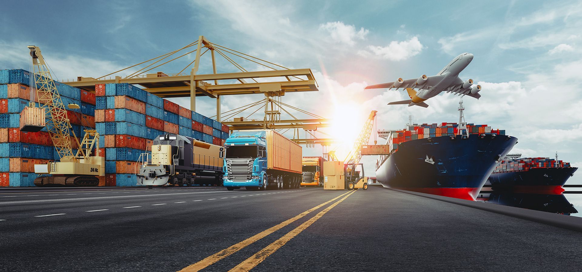 supply chain traceability A cargo ship is docked at a port with trucks and a plane flying overhead.