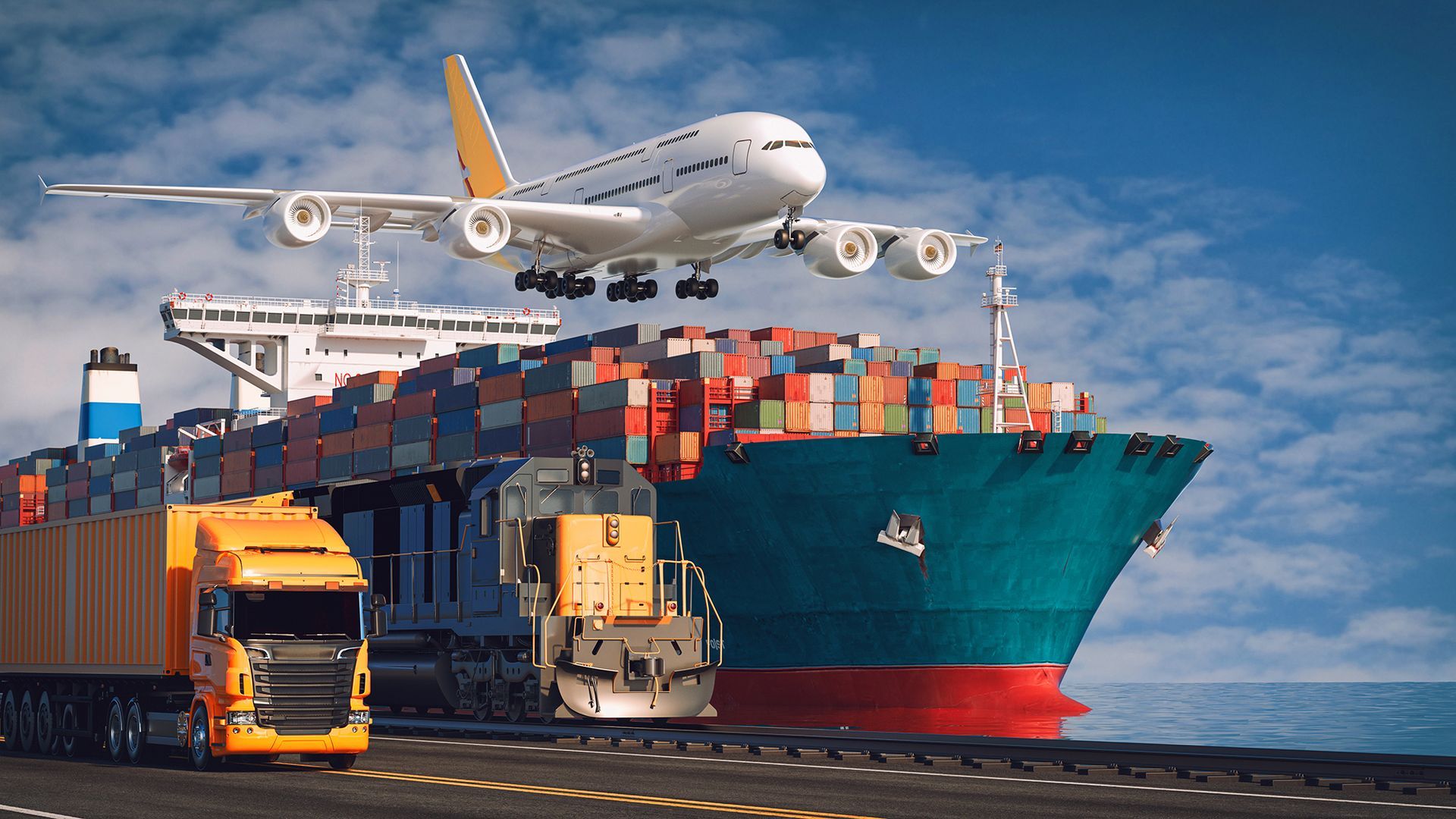 Real-time visibility is the catalyst that empowers businesses to stay ahead in the fast-paced world of cross-border logistics. A plane is flying over a cargo ship and a truck.