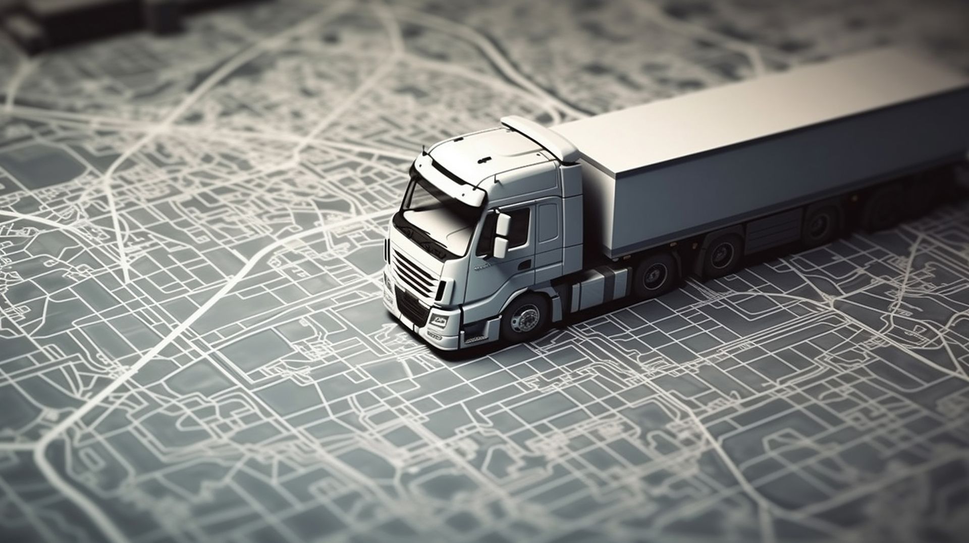 A toy truck is sitting on top of a map of a city.