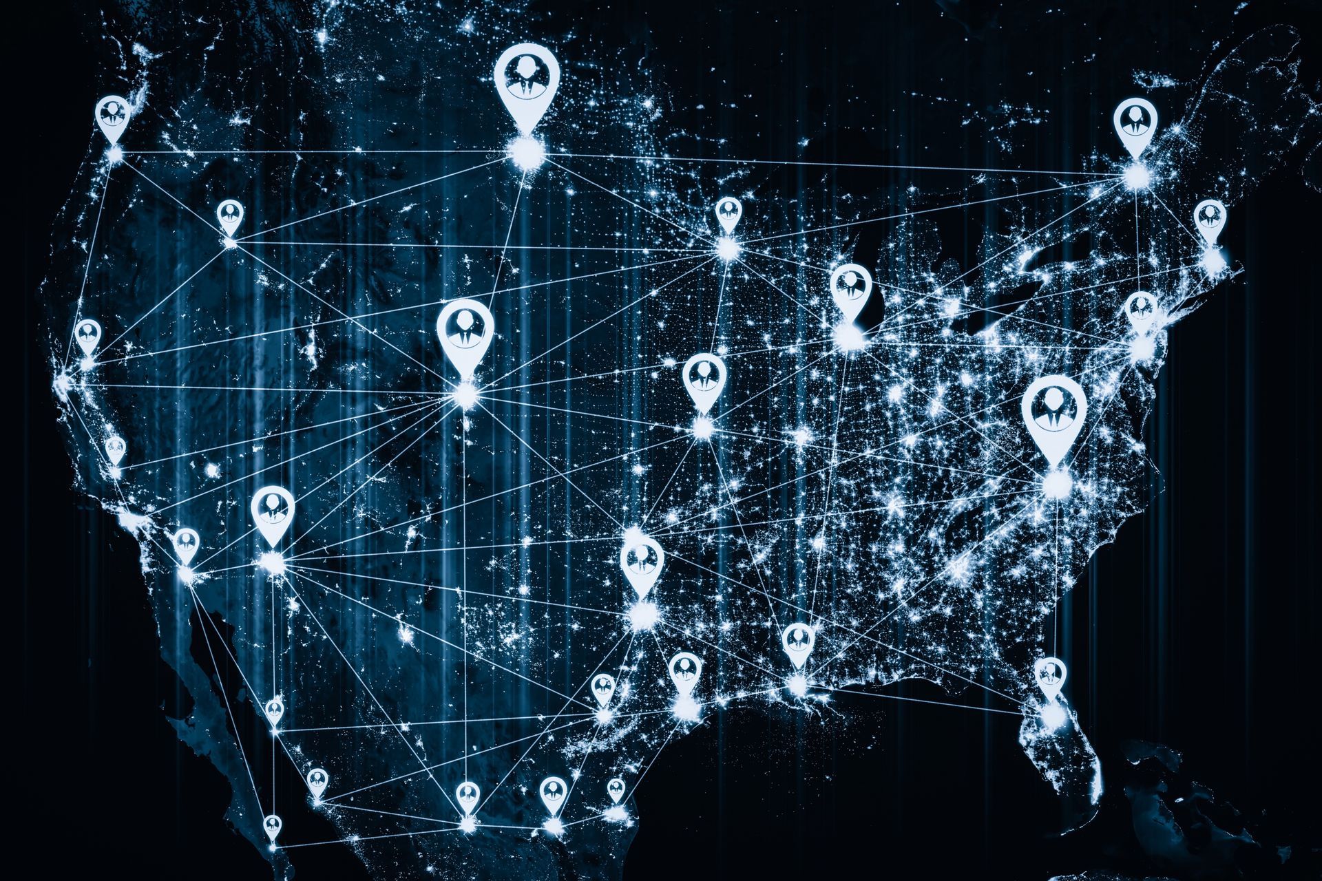 A map of the united states with a lot of pins on it.