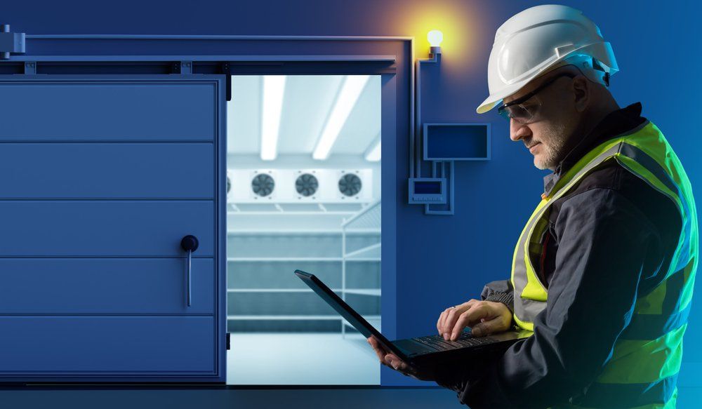 A man in a hard hat is using a laptop in front of a sliding door.