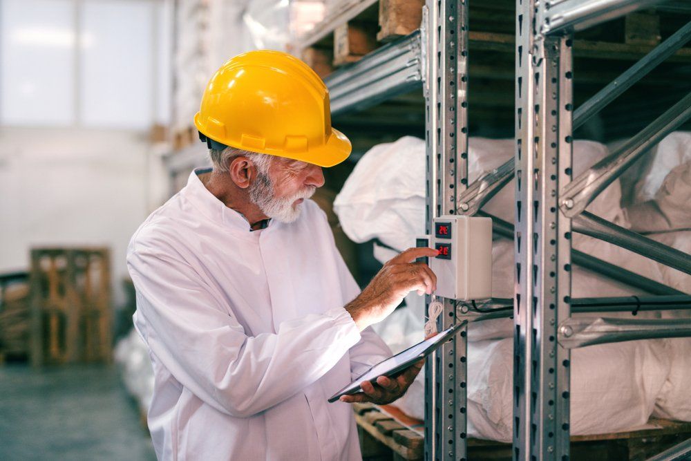 An older man wearing a hard hat is looking at a clipboard in a warehouse.