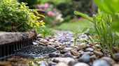 Pebbled garden path with green plants and a stone border beside a drainage grate