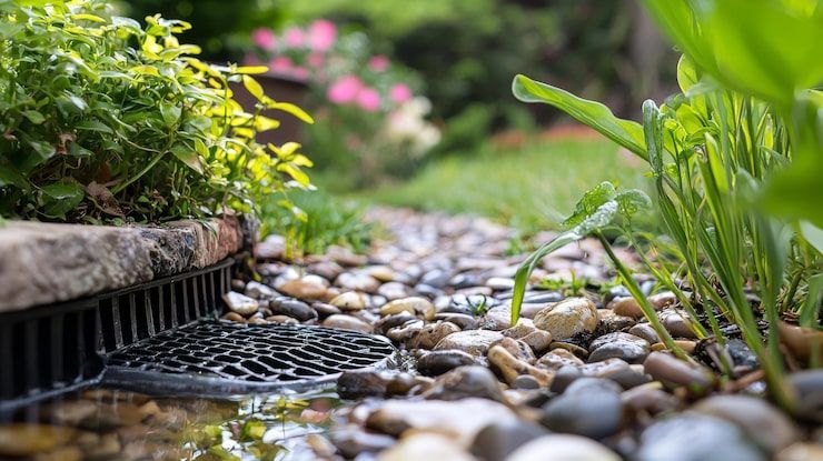 Pebbled garden path with green plants and a stone border beside a drainage grate
