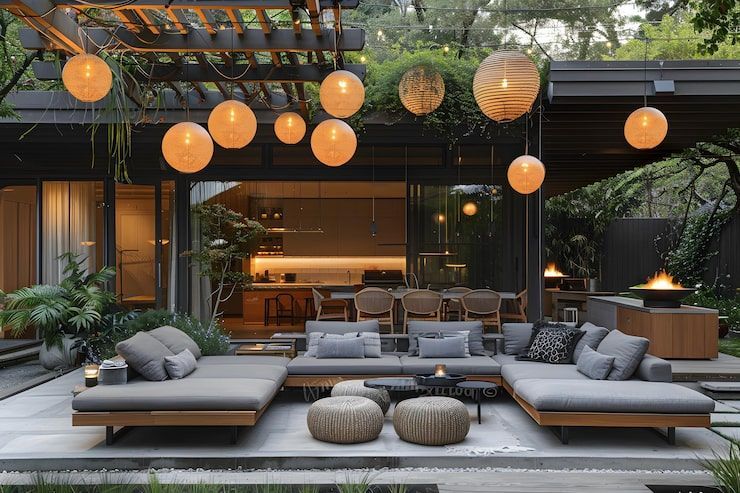 Modern outdoor lounge with gray sofas, round ottomans, warm lanterns, and a lit patio under a pergola