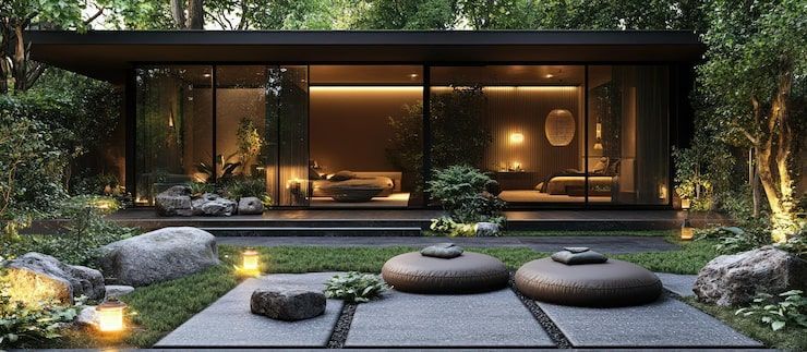 Modern minimalist home with a lit interior, stone garden path, and round stepping stones at dusk