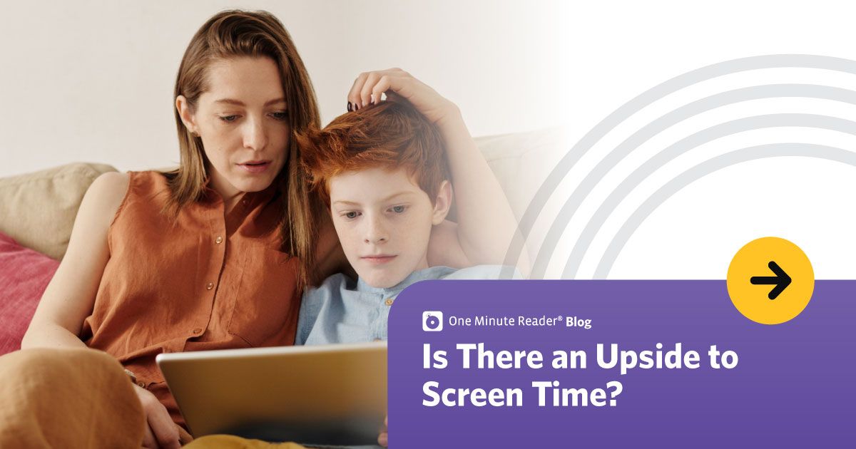 Woman and child using a laptop on a couch, with text overlay: “Is There an Upside to Screen Time?”