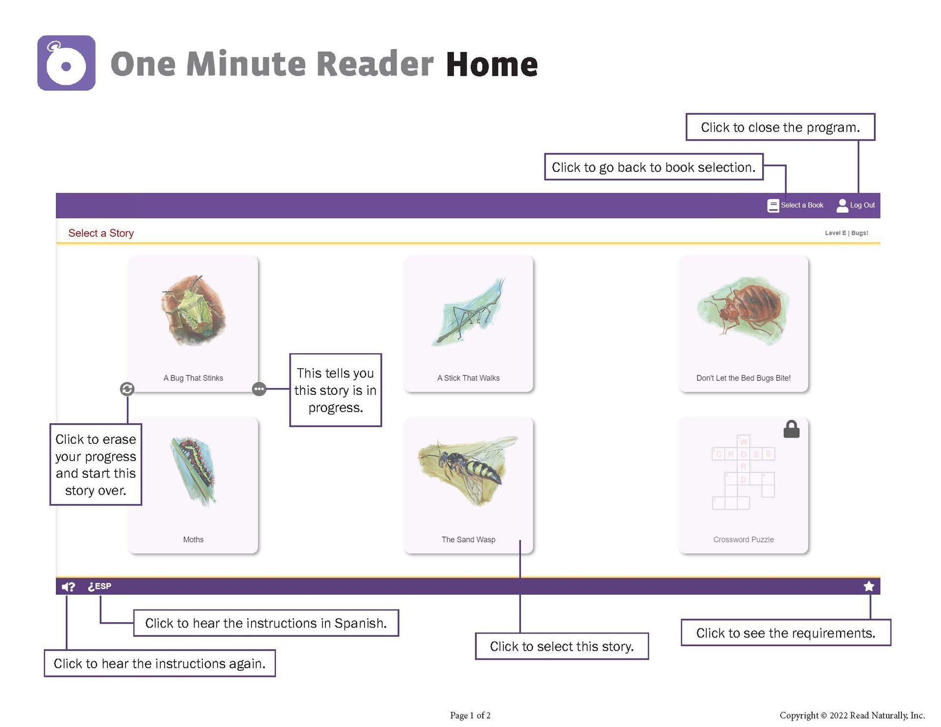 Screenshot of a “One Minute Reader Home” webpage with lesson tiles and navigation bars