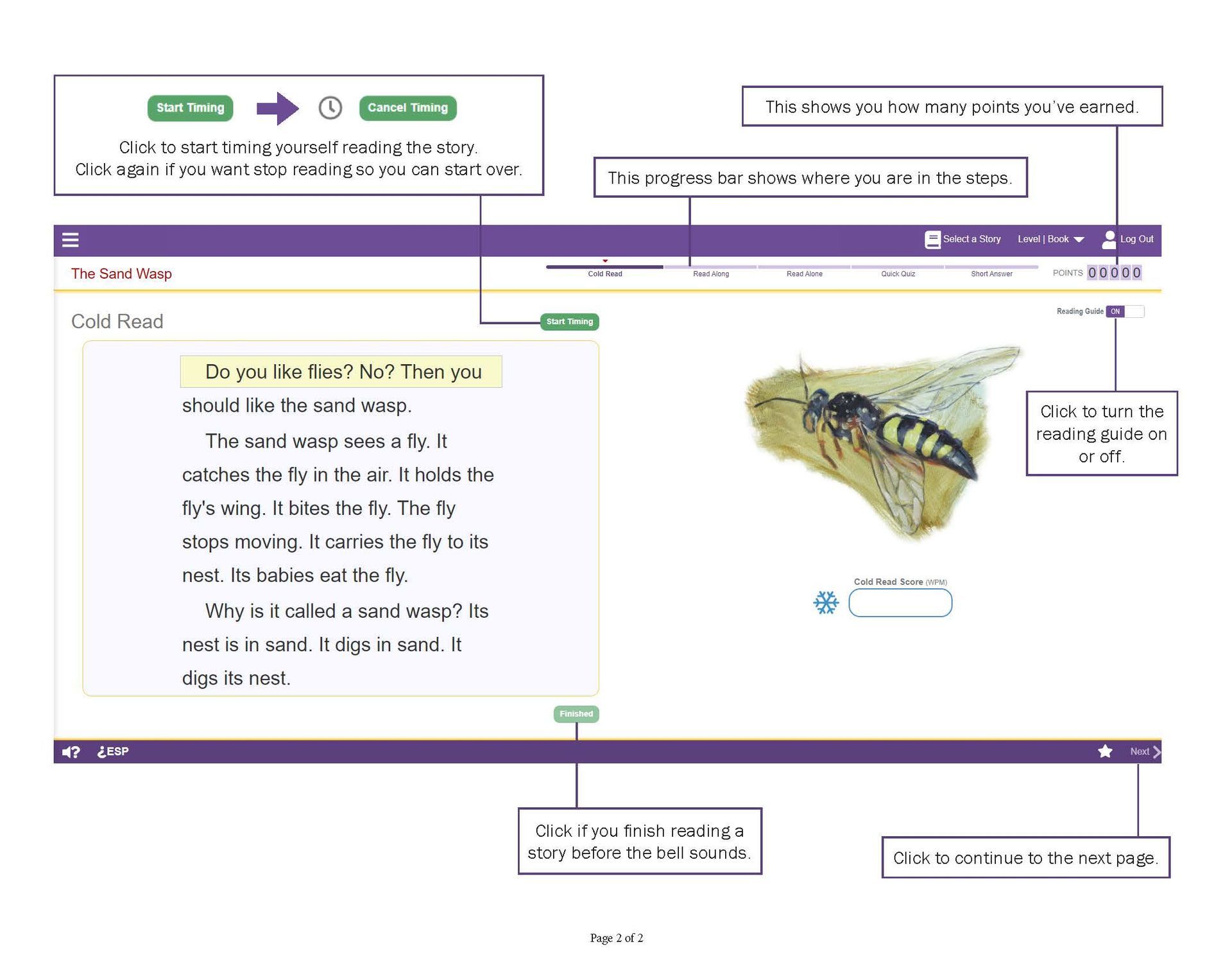 Screenshot of a lesson page with text on left and a diagram of a black-and-yellow fish on the right