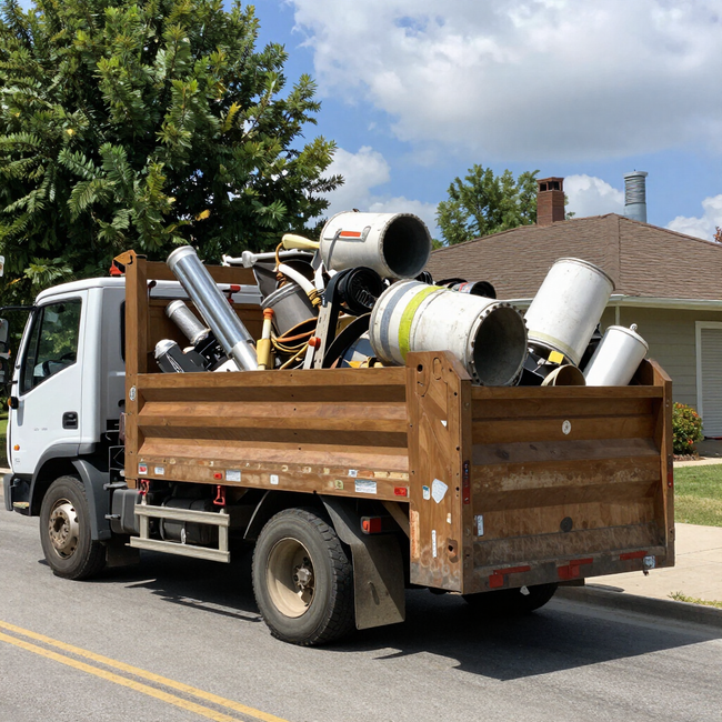 Wooden dump truck loaded with large metal pipes and ducts parked on a street under trees.