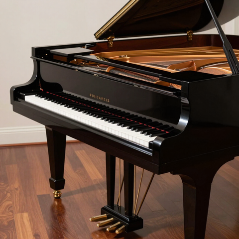 Black grand piano with open lid in a polished wooden room, shown from the side.