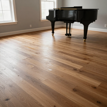 Black grand piano on polished hardwood floor in a bright, empty room with large windows