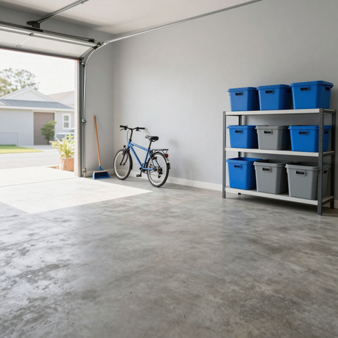 Empty garage with a bicycle leaning against the wall and blue storage bins on metal shelving.