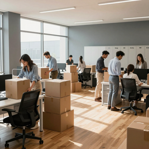 Office workers packing cardboard boxes in a bright open-plan workspace