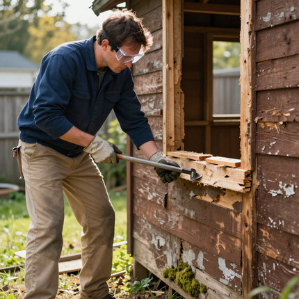 Worker prying rotten boards off the exterior wall of a weathered wooden house