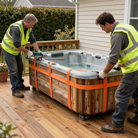 Two workers moving a strapped hot tub on a wooden deck