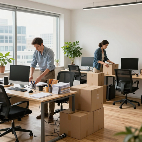 Office workers packing cardboard boxes in a bright, empty office with desks and monitors