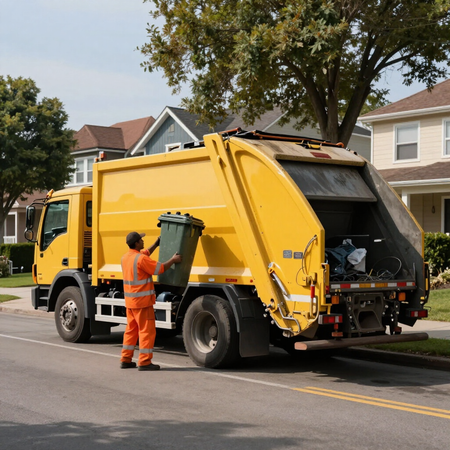 Garbage truck on a residential street as a worker in orange moves a green bin to the lift mechanism