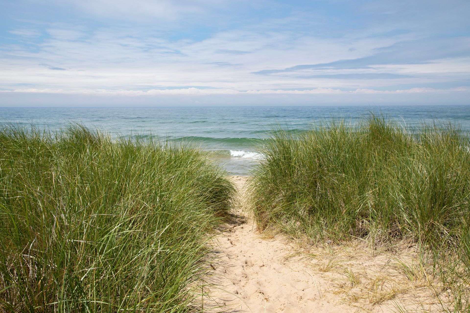 A sandy path leading to the ocean on a sunny day.