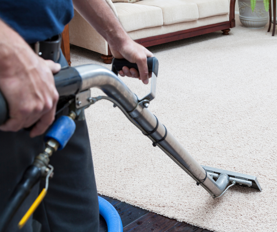 A person uses a professional carpet cleaning wand to clean a light-colored carpet in a room with a sofa in the background.