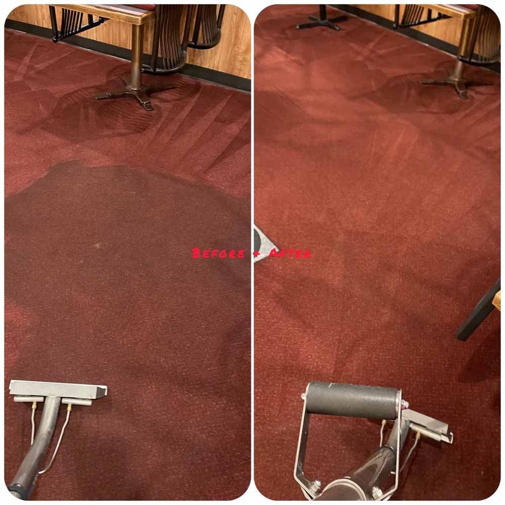 A before and after picture of a red carpet being cleaned.