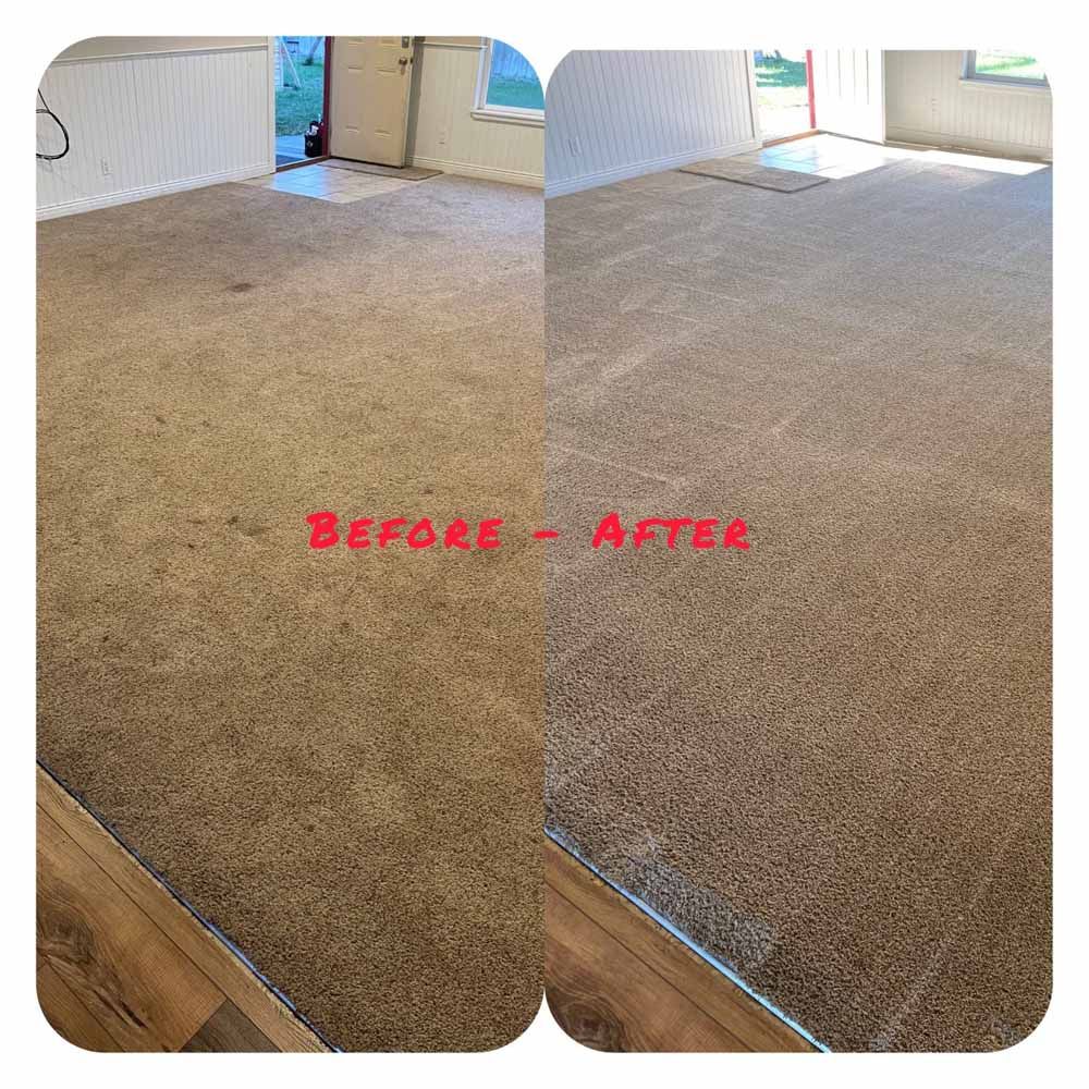 A before and after photo of a carpet in a living room.